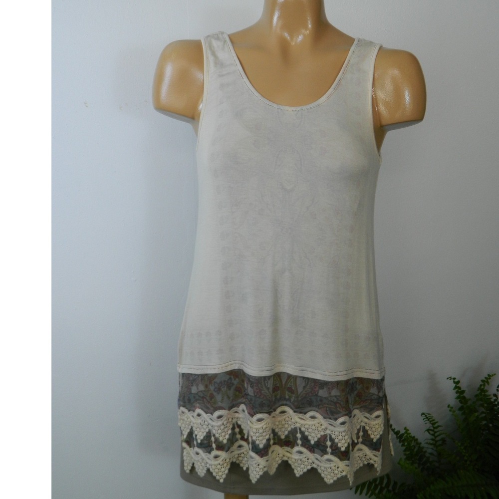 Origami Tank Top Women Small Cream Paisley Mesh Crochet Lace Trim Boho Tonal